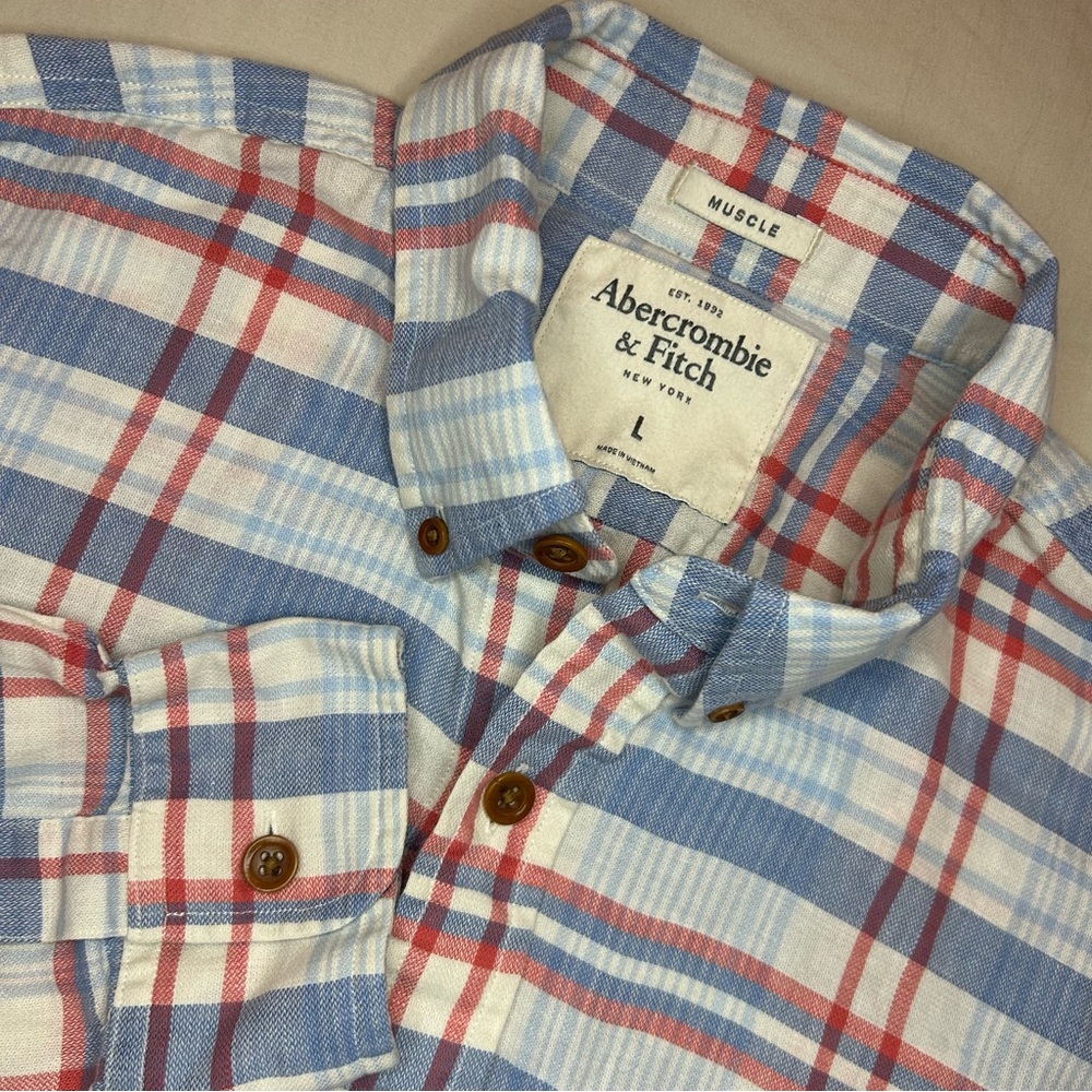Abercrombie & Fitch Men's Light Blue and Red Checkered Shirt